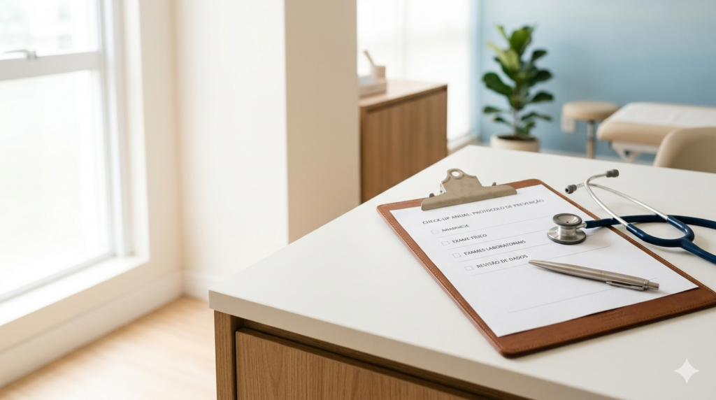 Mesa clínica organizada com checklist e instrumentos médicos em ambiente claro e moderno.